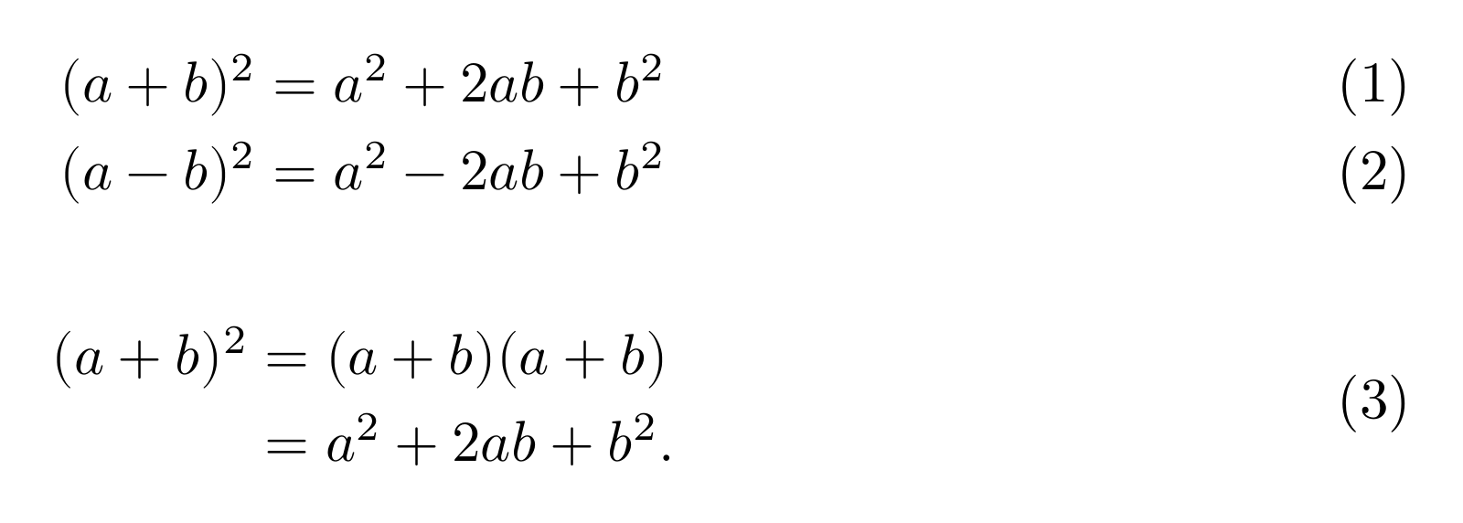 Two separately numbered aligned identities followed by a two-line derivation sharing one equation number.