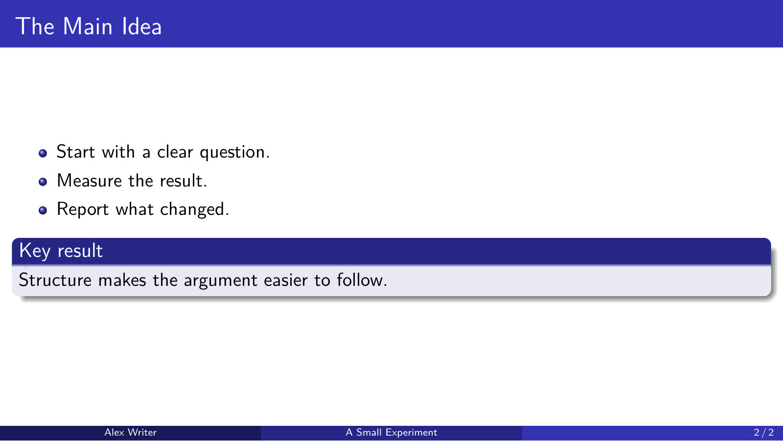 A widescreen Beamer slide with three method steps and a highlighted key-result block.